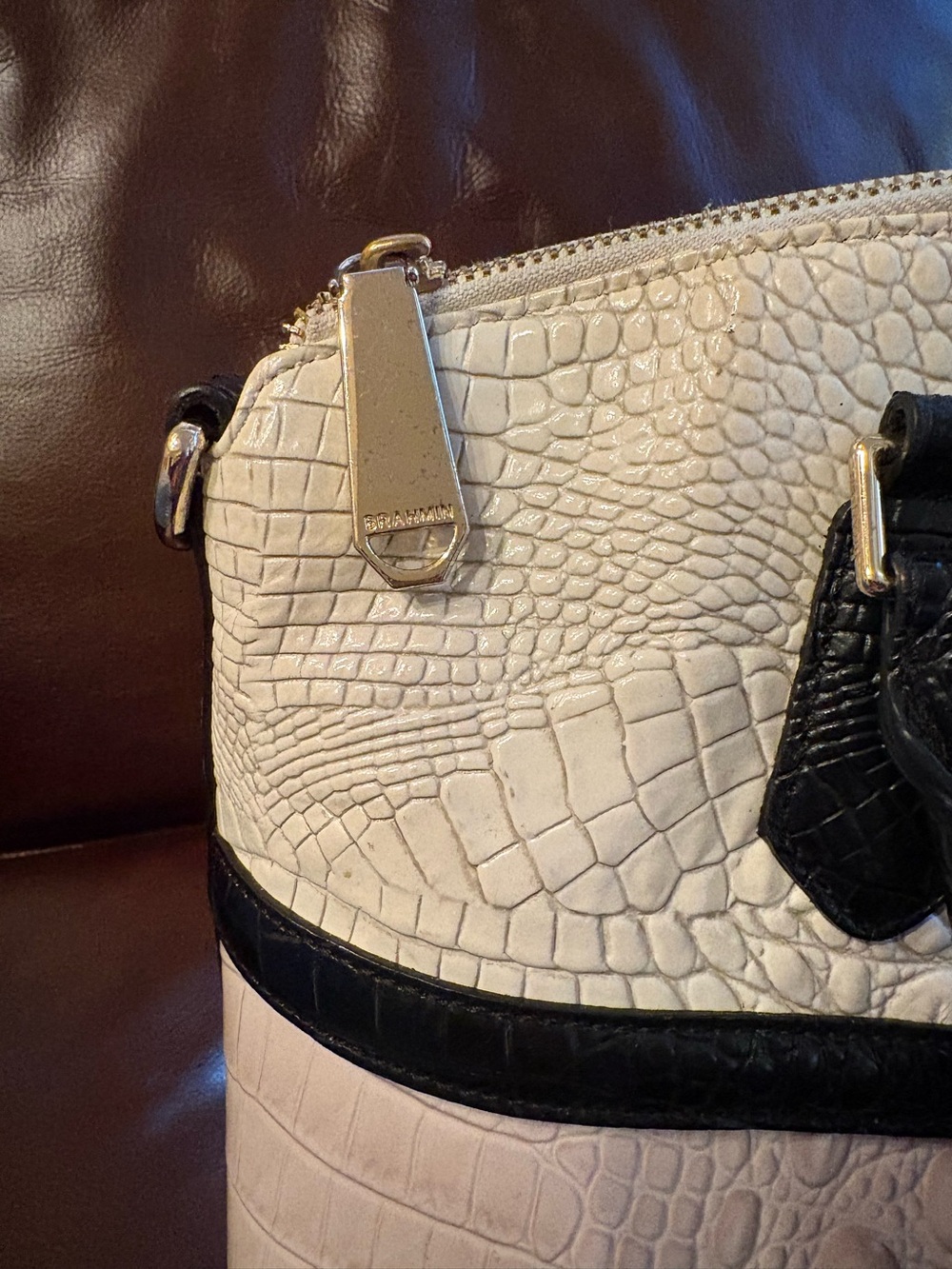 Brahmin Cream Croc-Embossed Duxbury Satchel with Black Trim and Tassel - Picture 6 of 13